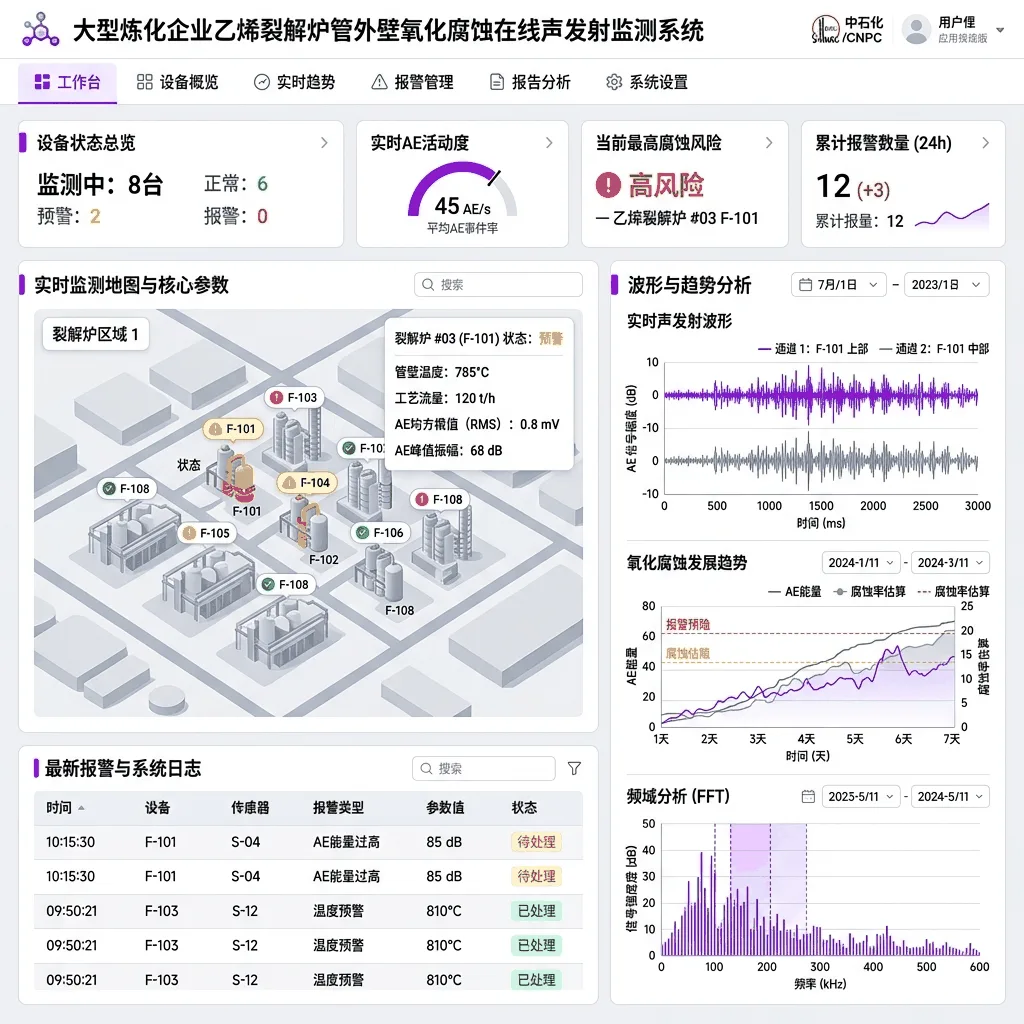 某大型炼化企业乙烯裂解炉管外壁氧化腐蚀在线声发射监测系统系统界面
