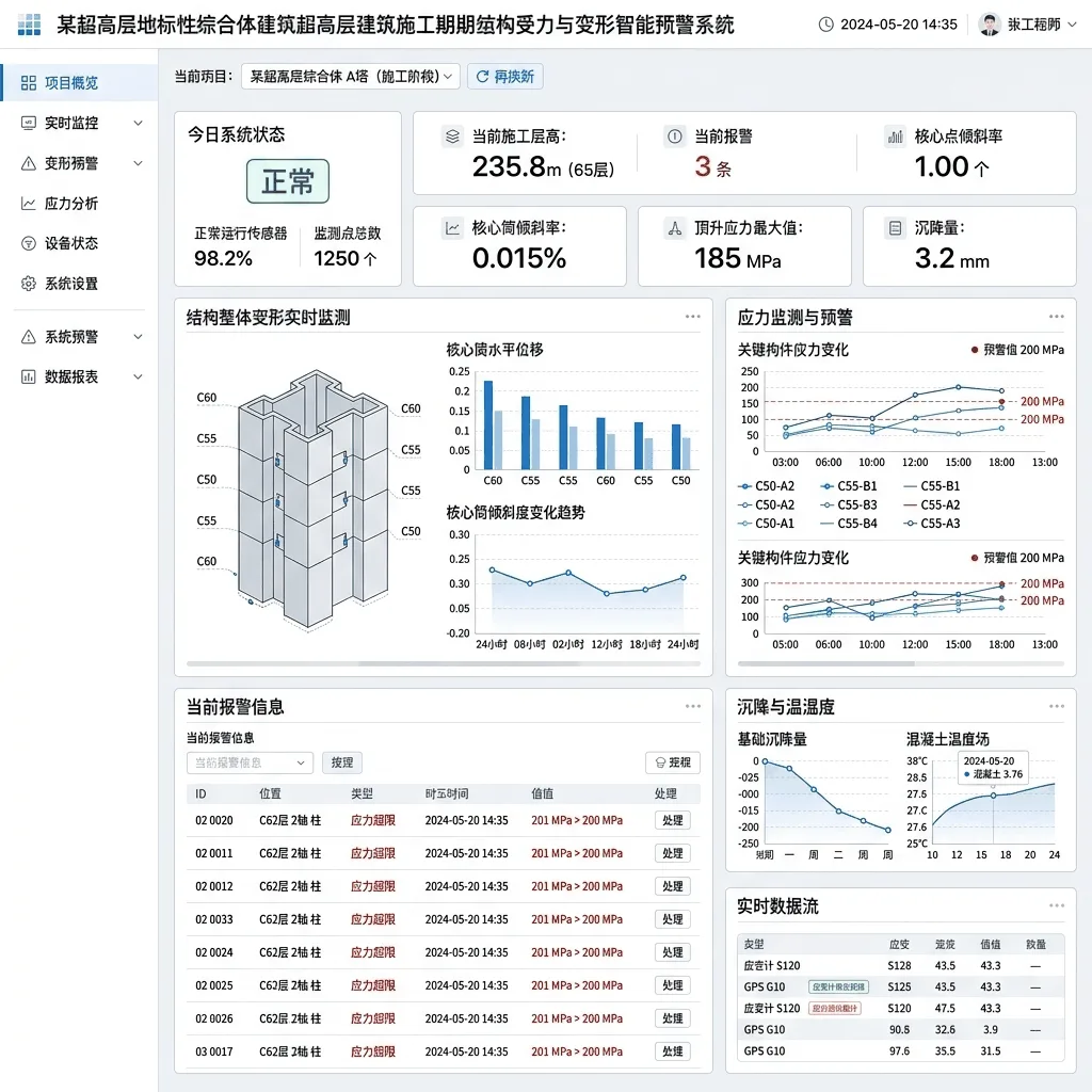 某超高层地标性综合体建筑超高层建筑施工期结构受力与变形智能预警系统系统界面