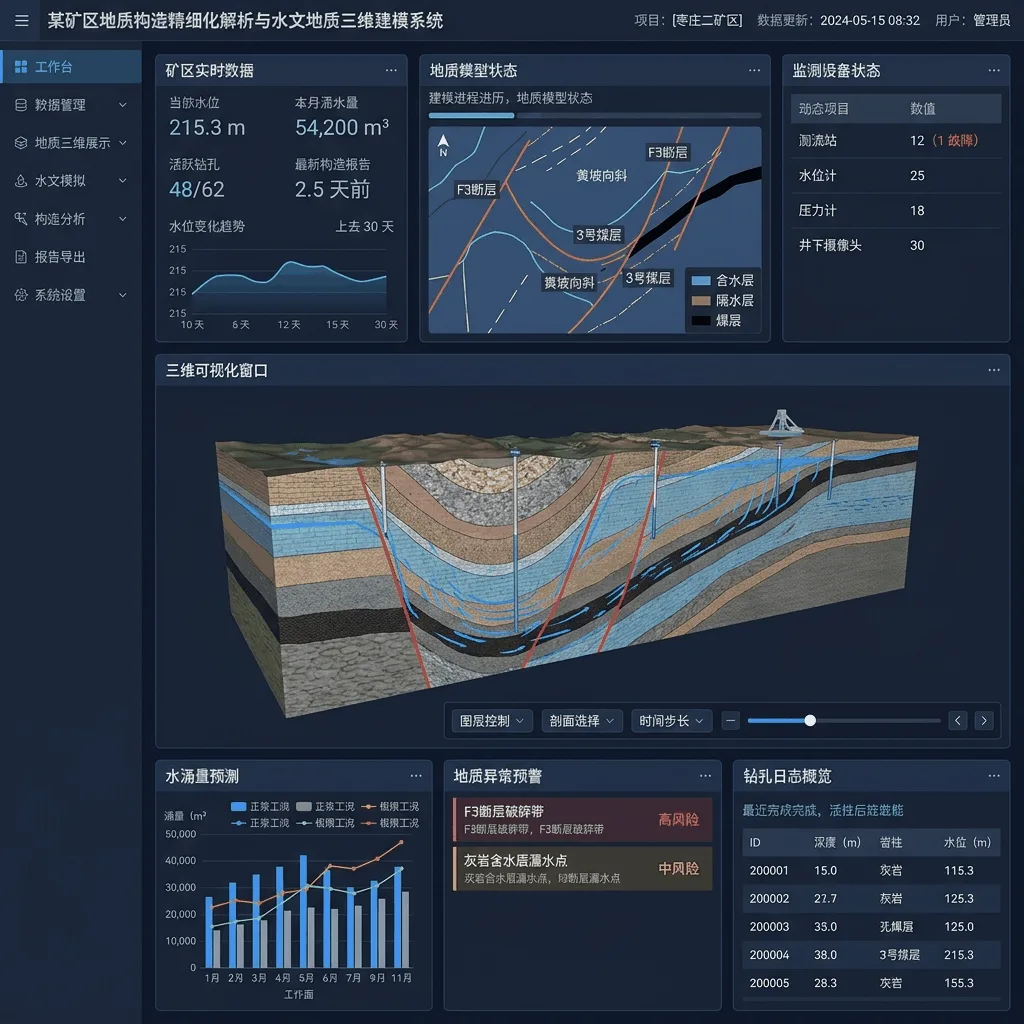 某矿区地质构造精细化解析与水文地质三维建模系统系统界面