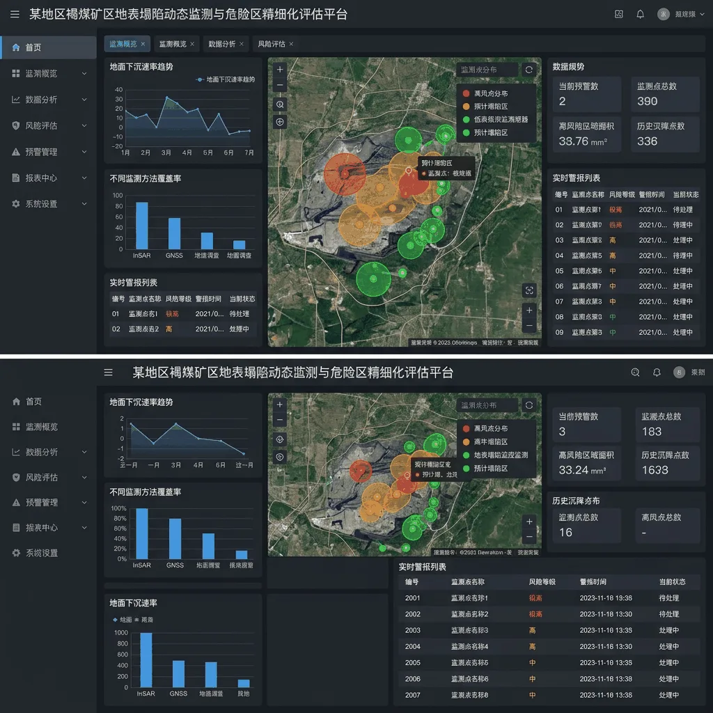 某地区褐煤矿区地表塌陷动态监测与危险区精细化评估平台系统界面