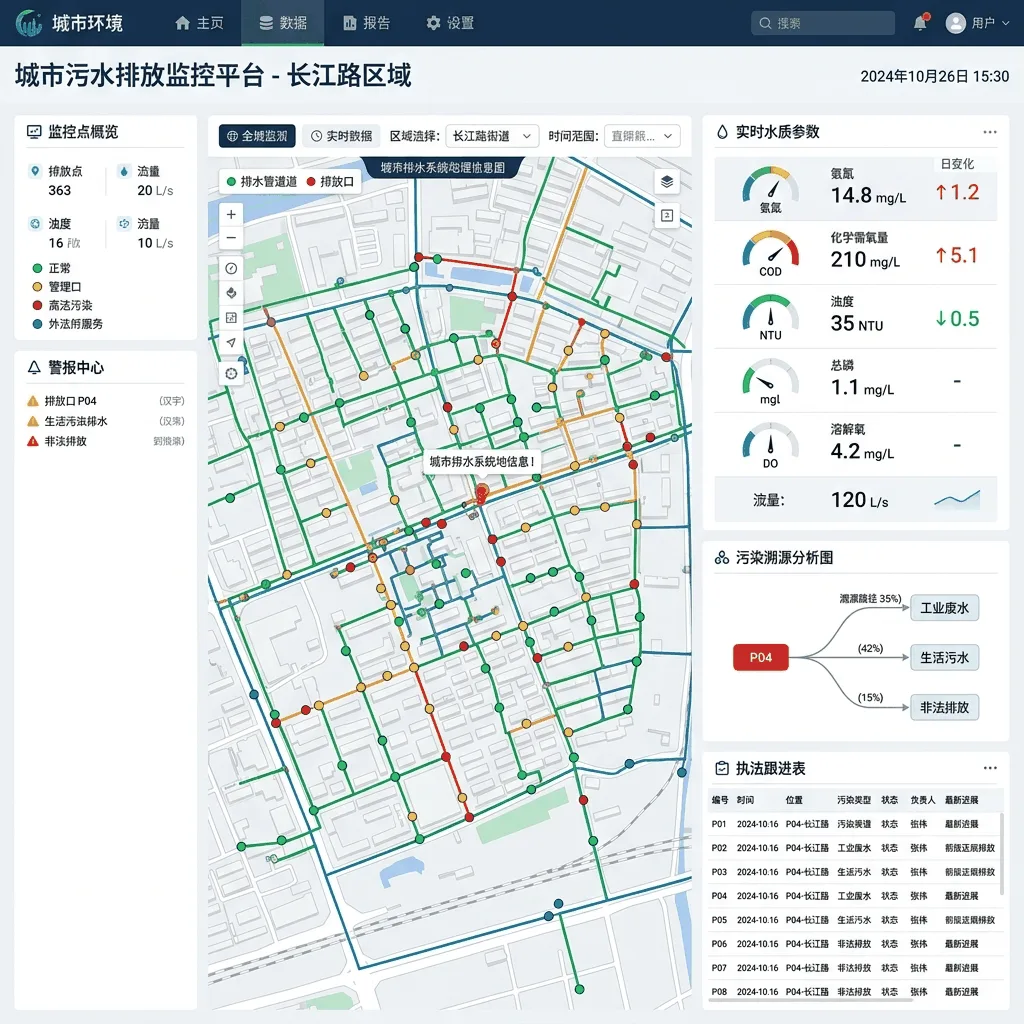 某市核心区城市暗渠截污纳流排污口在线监测溯源系统系统界面