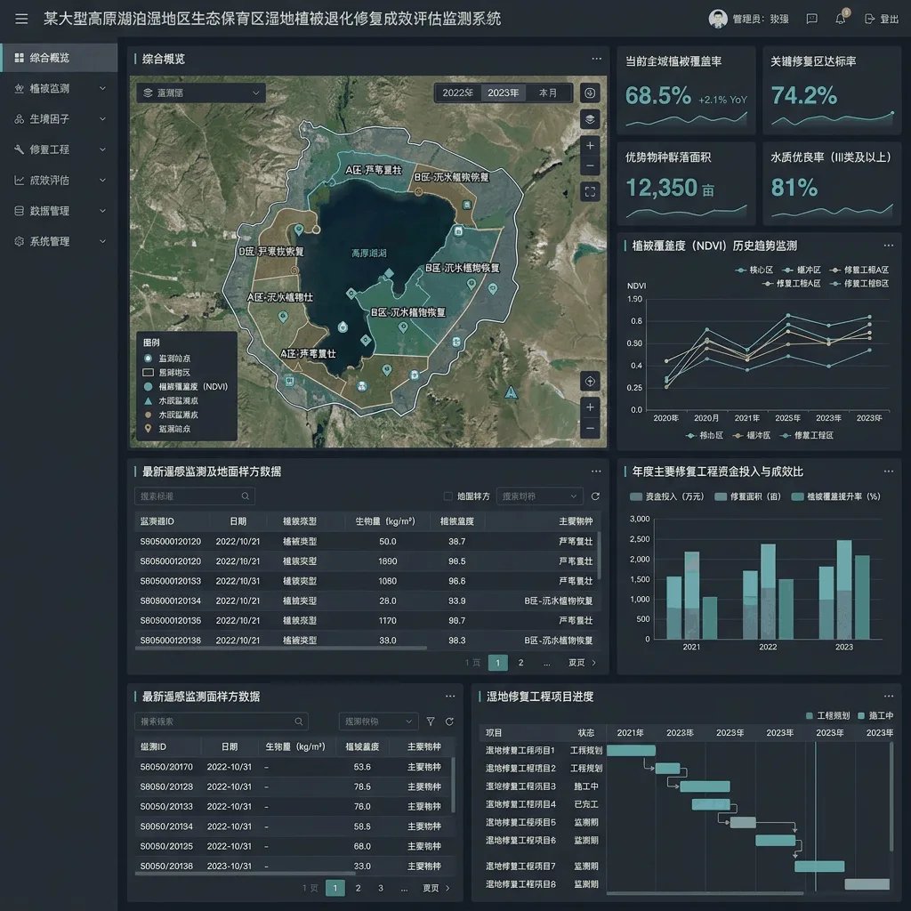 某大型高原湖泊湿地区生态保育区湿地植被退化修复成效评估监测系统