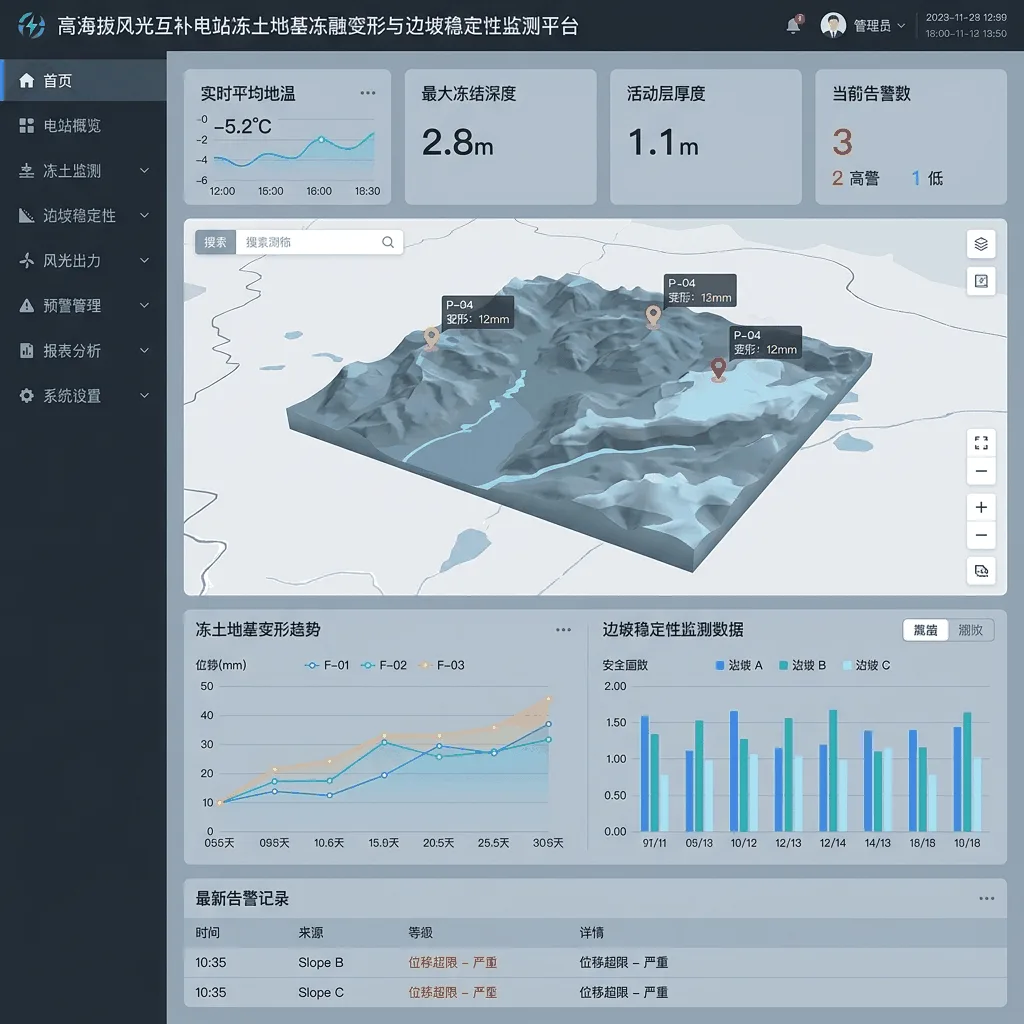 高海拔风光互补电站冻土地基冻融变形与边坡稳定性监测平台系统界面