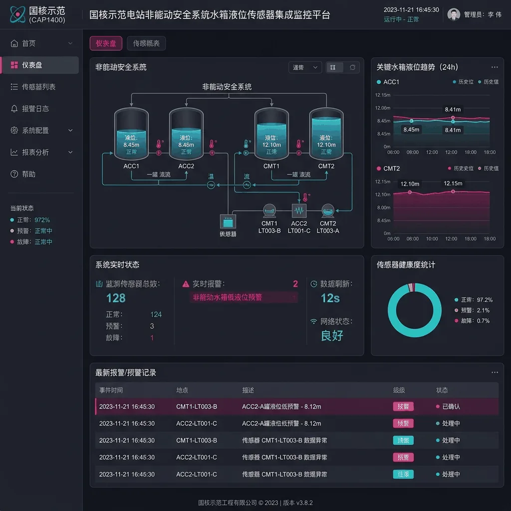 国核示范电站非能动安全系统水箱液位传感器集成监控平台系统界面